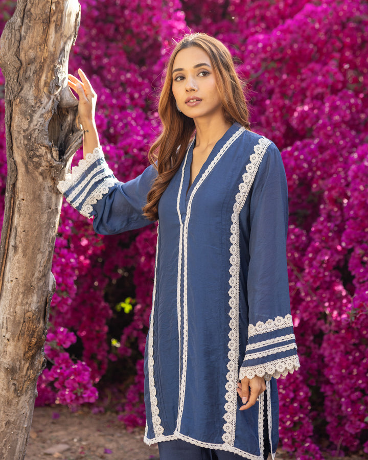 Navy Blue Lace Kurta Set