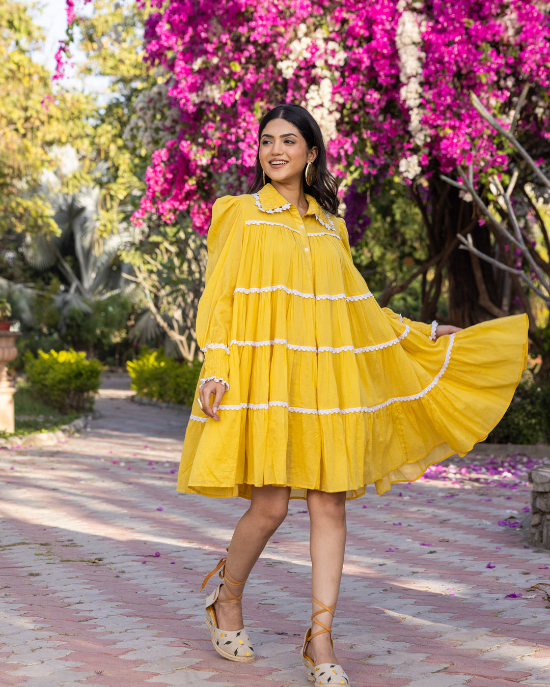 Yellow Lace & Tiered Shirt Dress