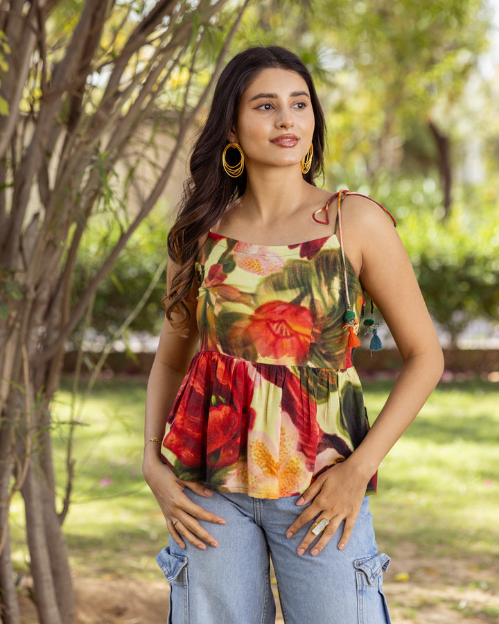 Yellow Aquarelle Floral Peplum Top