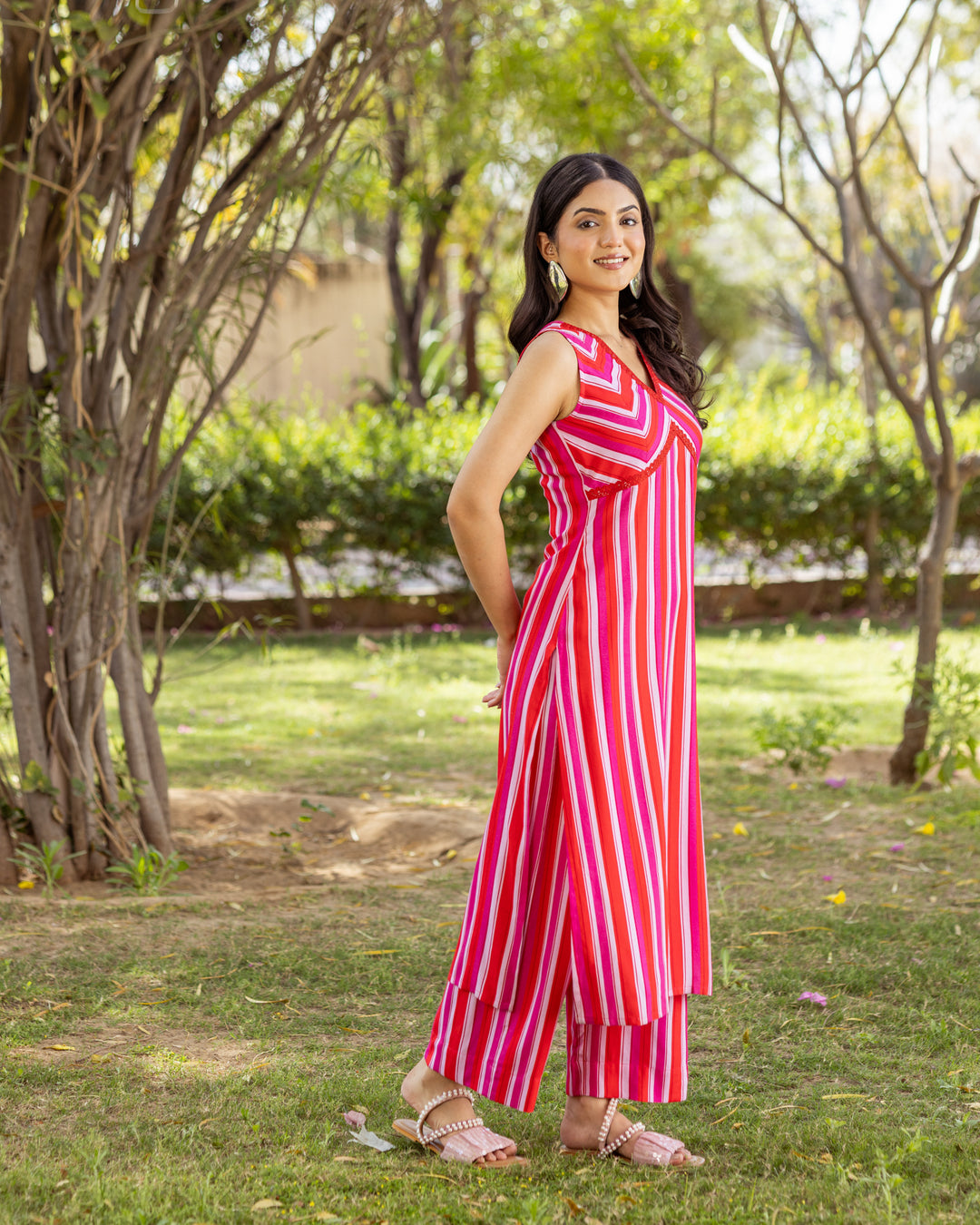 Red Bold Striped Kurta Set