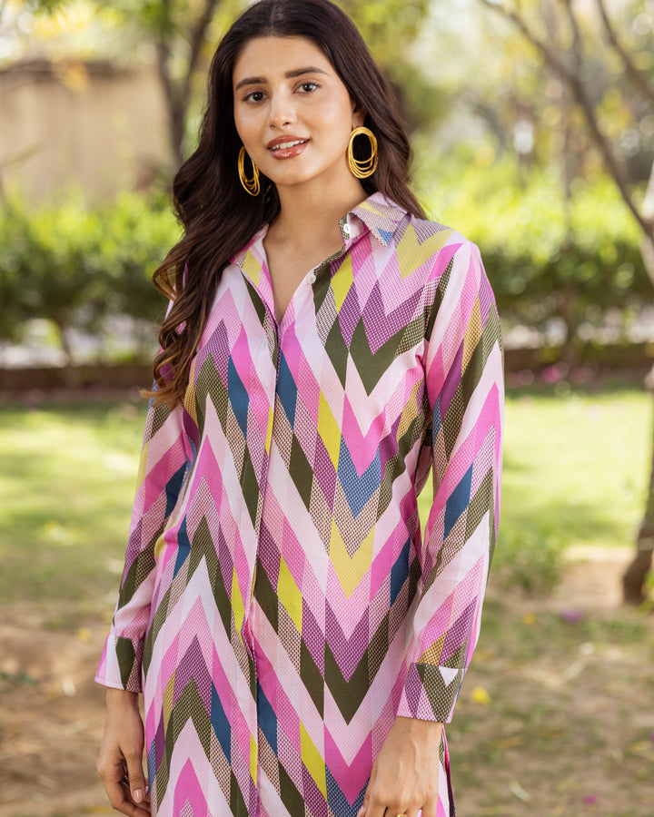 Pink Contrasting Chevron Co-ord Set