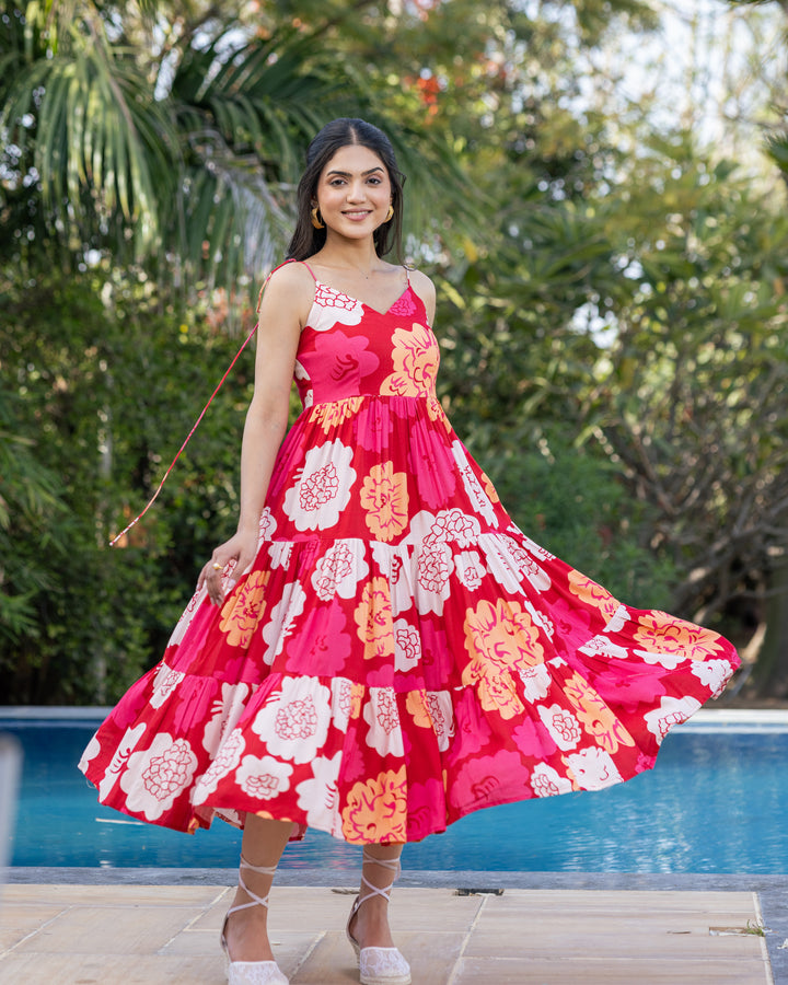 Red Animated Floret Tiered Dress