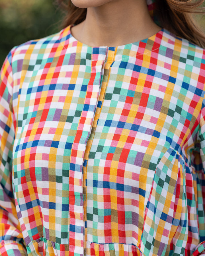White Multi-hued Check Dress