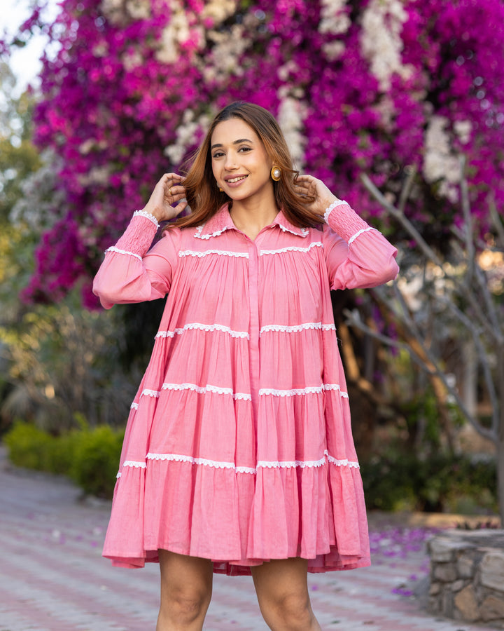 Pink Lace & Tiered Shirt Dress