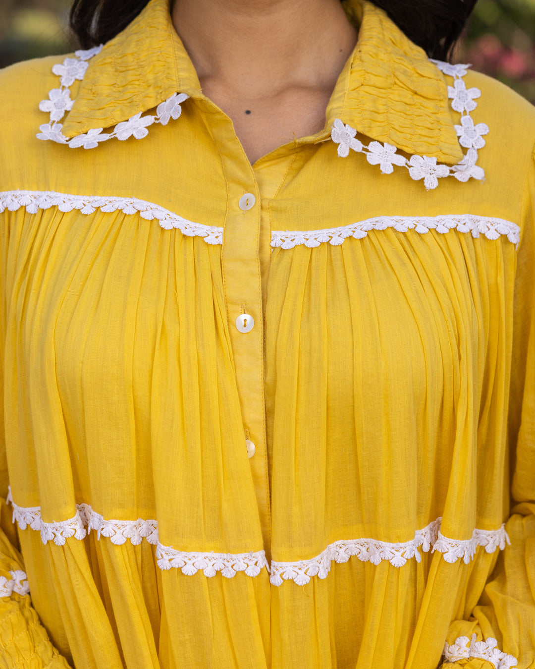 Yellow Lace & Tiered Shirt Dress