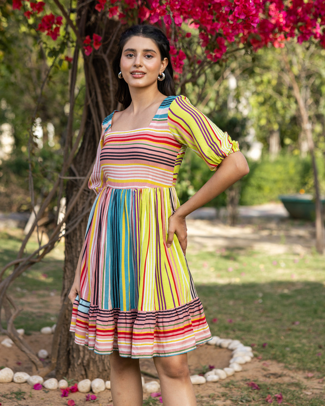 Ivory Multi-hued Stripe Dress