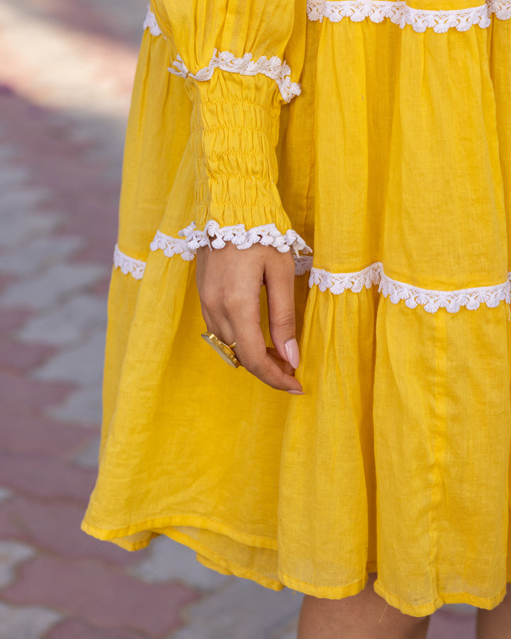 Yellow Lace & Tiered Shirt Dress