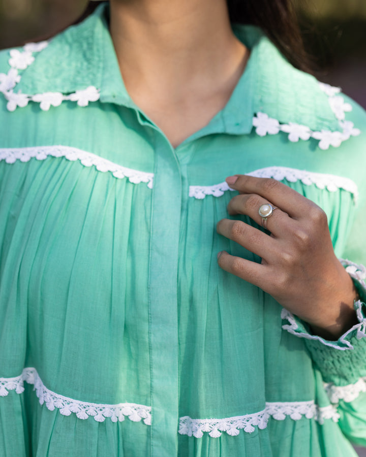 Green Lace & Tiered Shirt Dress