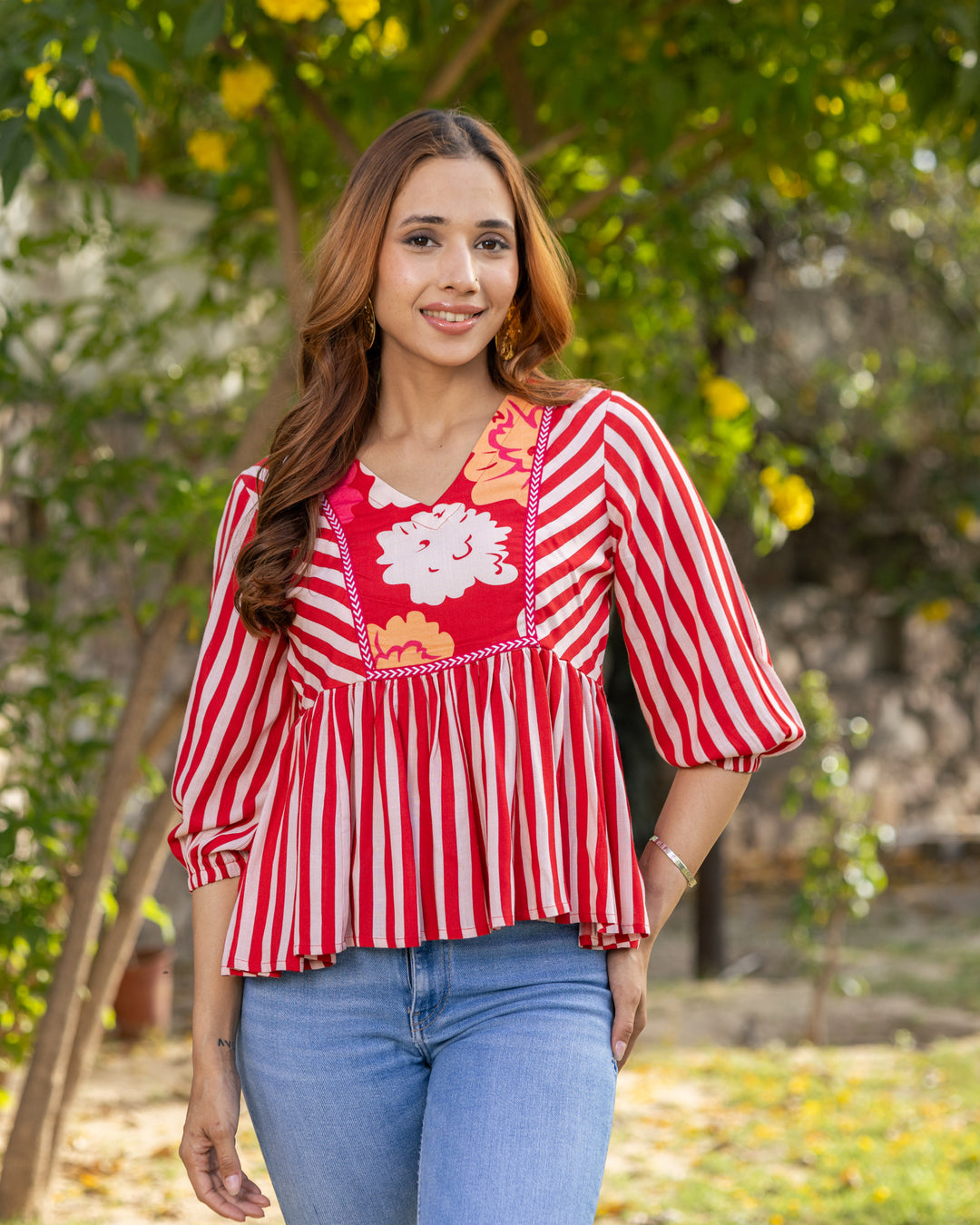 Red Striped & Floral Peplum Top