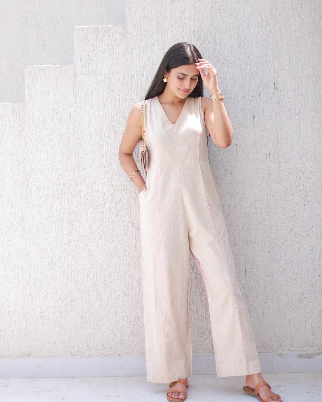 Beige Shade Of Stripes Jumpsuit