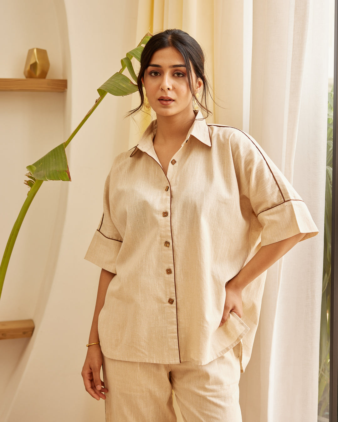 Solid Beige Cotton Co-Ord Set