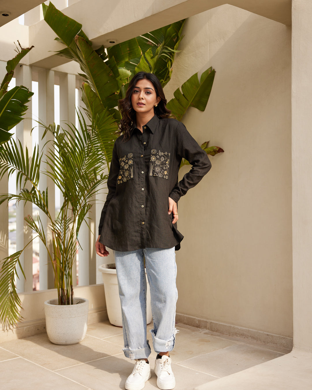 Black Embroidered Linen Shirt