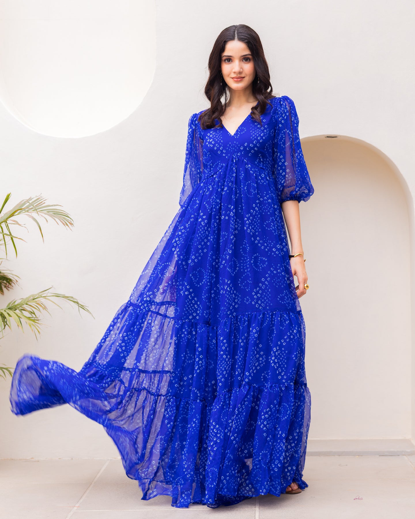 Ambraee Royal Blue Bandhani Chiffon Maxi Dress for Women | V-Neck Bell Sleeve Flowy Dress | Festive Casual Long Dress Ambraee Royal Blue Bandhani Chiffon Maxi Dress for Women | V-Neck Bell Sleeve Flowy Dress | Festive Casual Long Dress