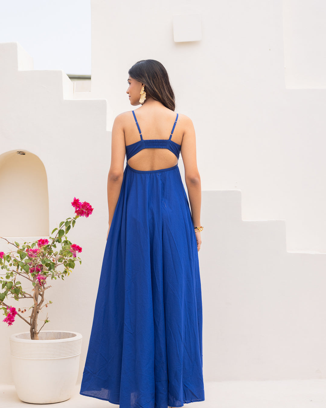 Ocean Blue Cotton Solid Maxi Dress