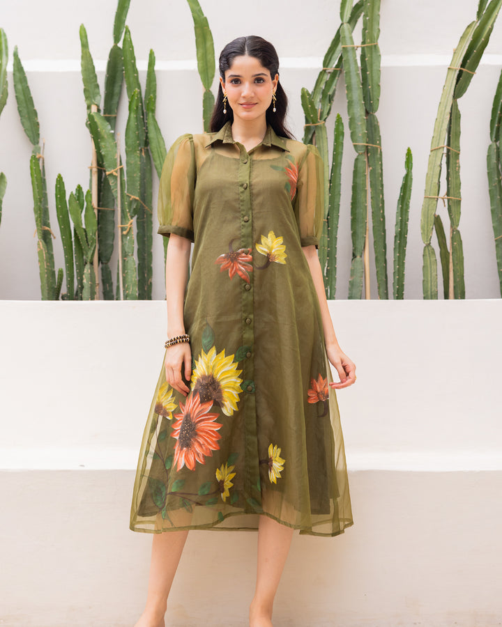 Green Organza Shirt Dress