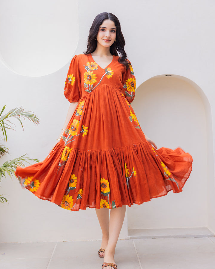 Brown Floral Kota Dress