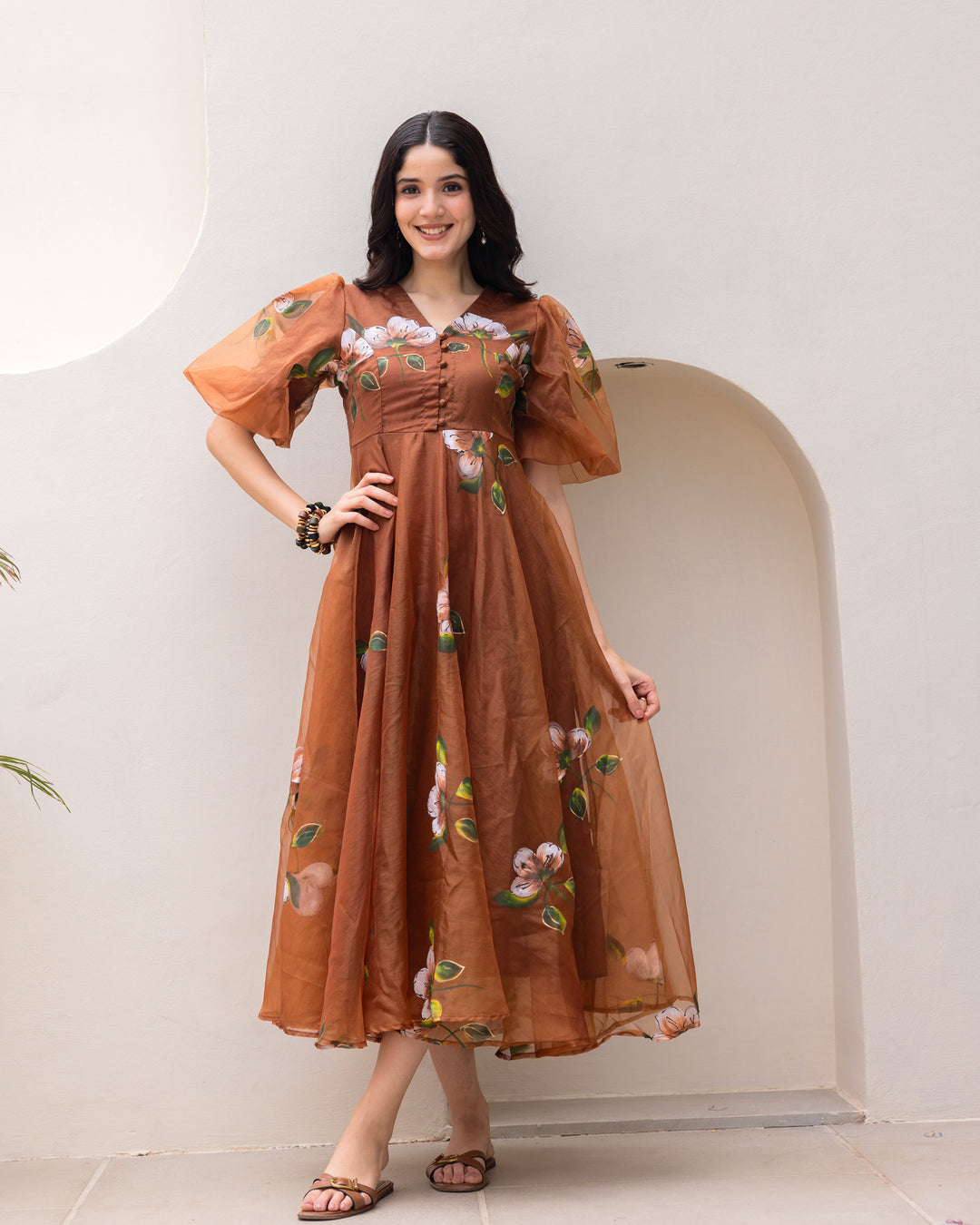 Brown Organza Floral Dress