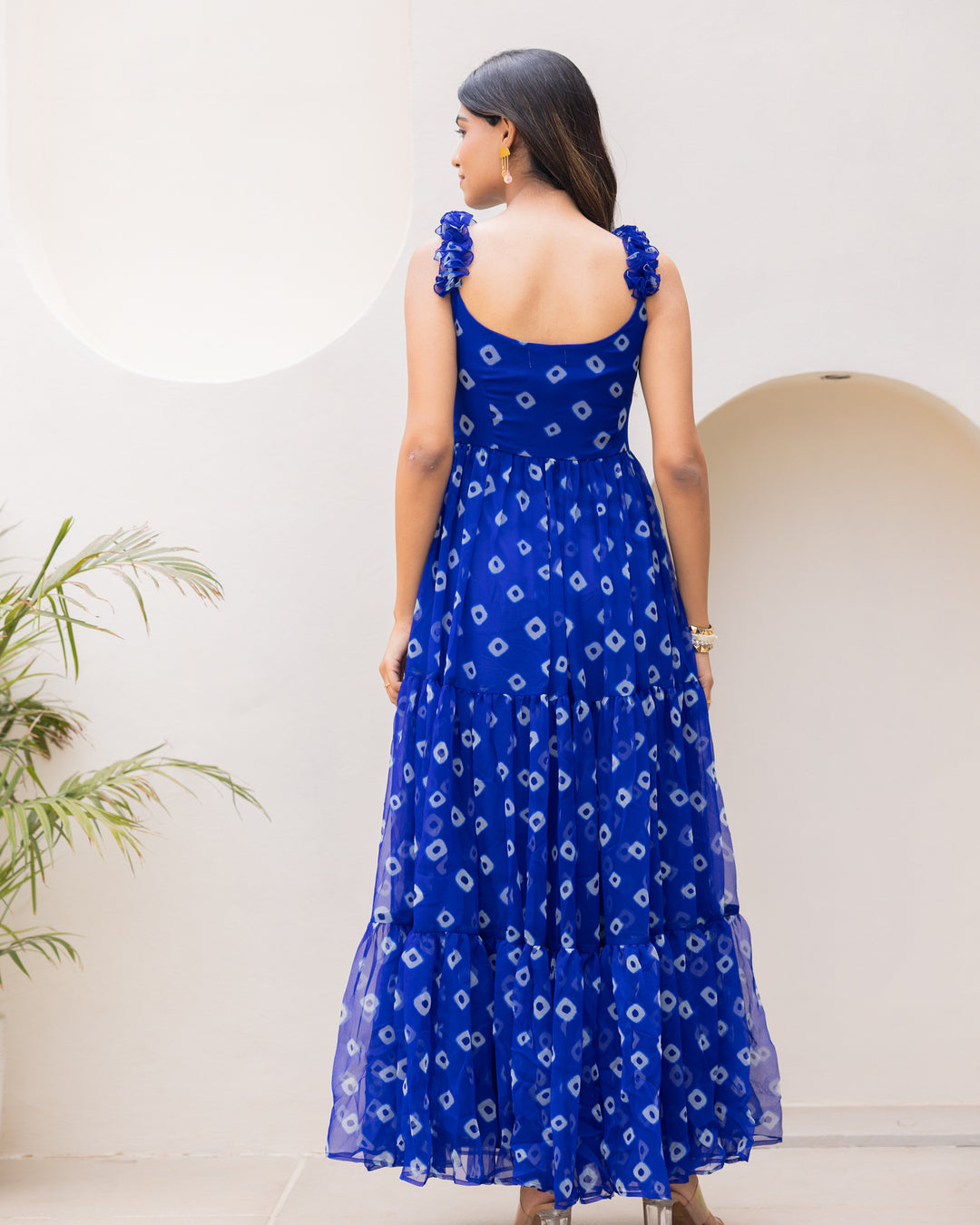 Blue Bandhani Ruffle Dress