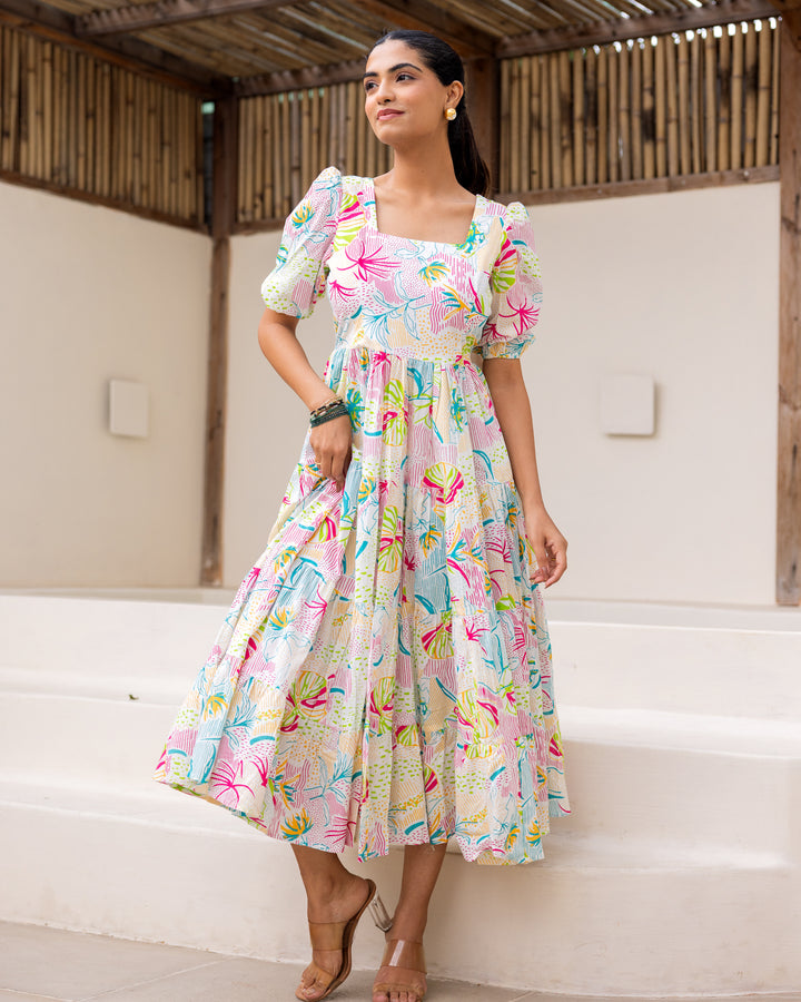 Multi Floral White Tiered Dress