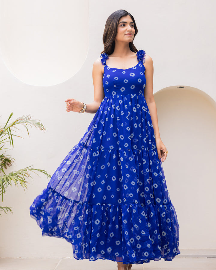 Blue Bandhani Ruffle Dress