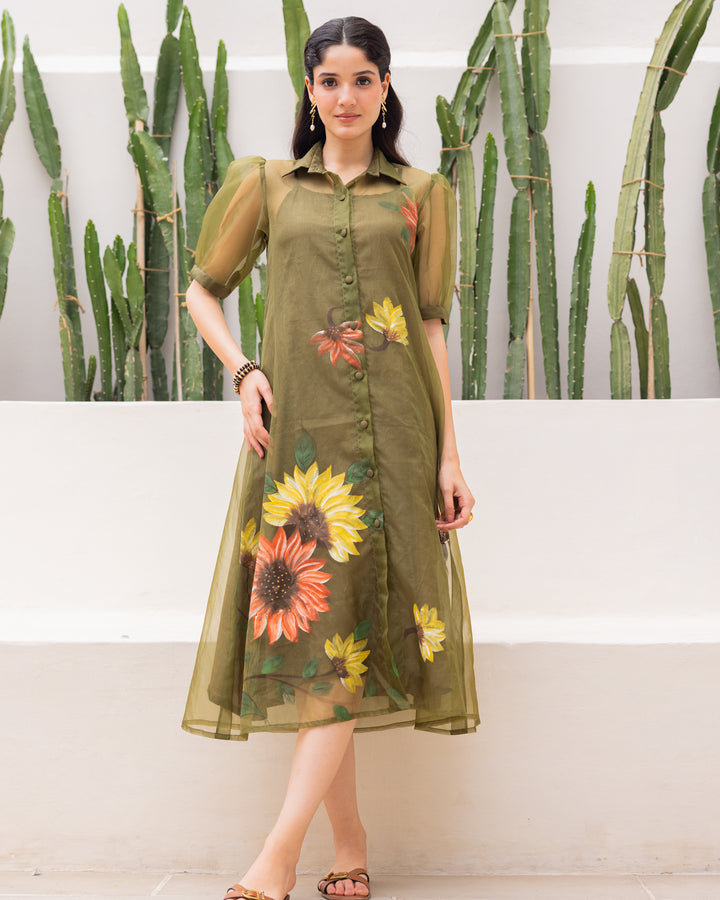 Green Organza Shirt Dress