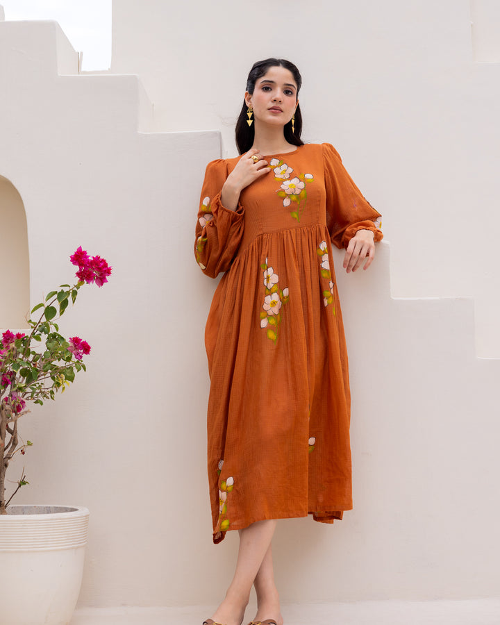 Brown Floral Handpaint Kota Dress