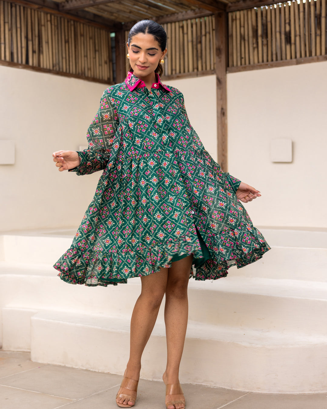 Green Bandhani Shirt Dress