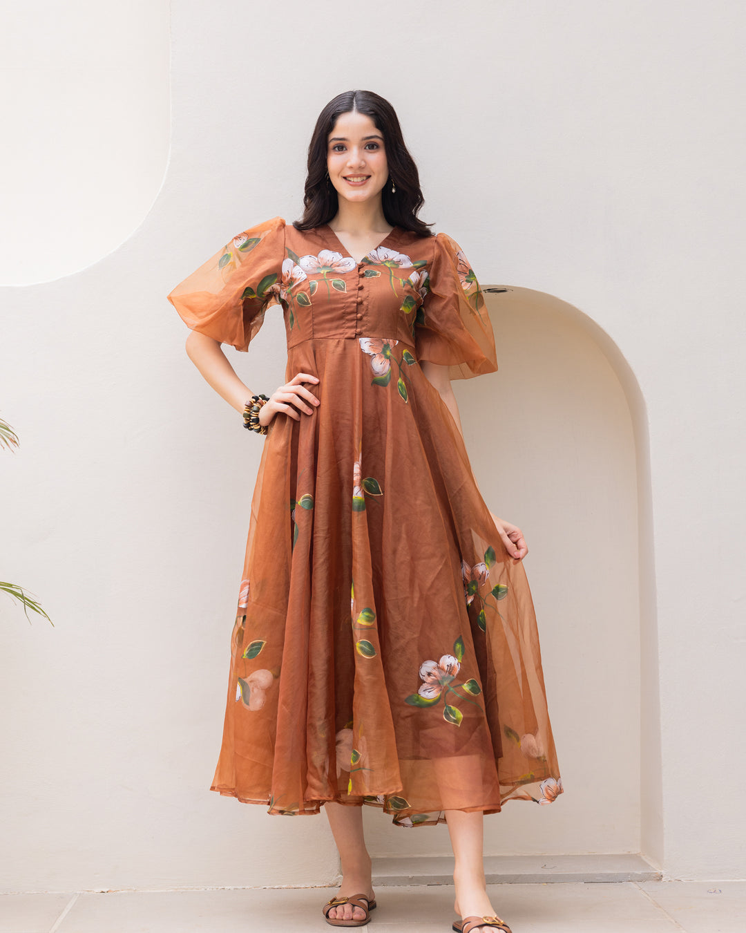 Brown Organza Floral Dress