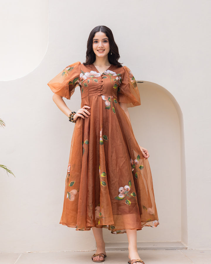 Brown Organza Floral Dress