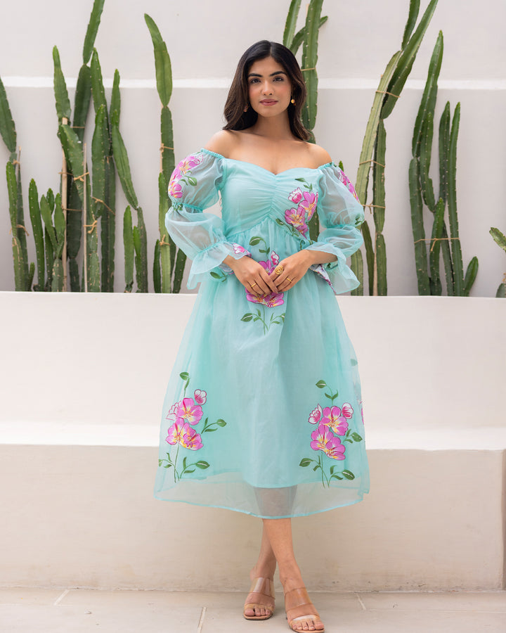 Sky Blue Organza Floral Dress