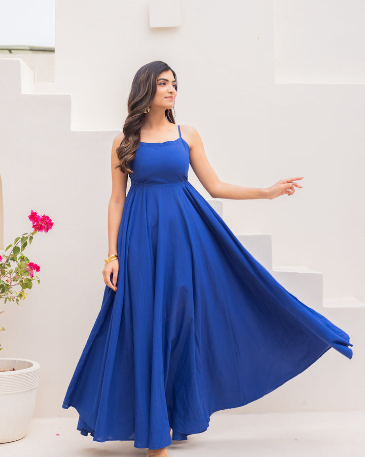 Ocean Blue Cotton Solid Maxi Dress