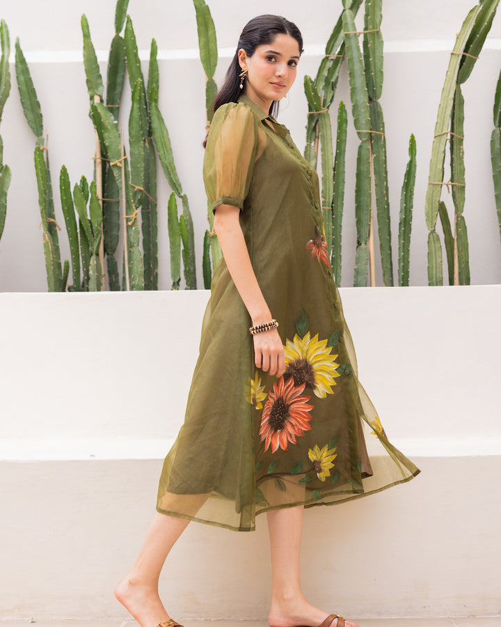 Green Organza Shirt Dress