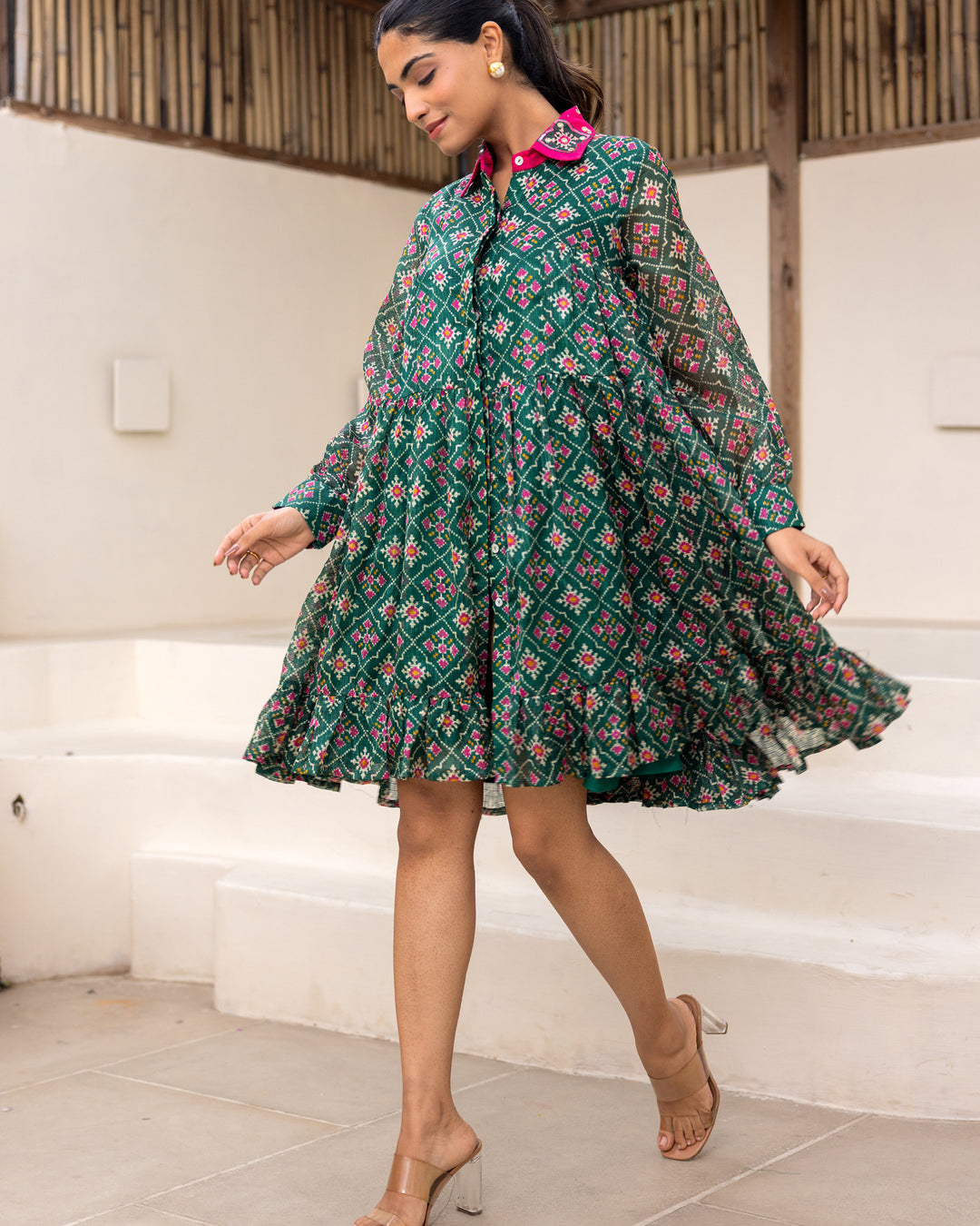 Green Bandhani Shirt Dress