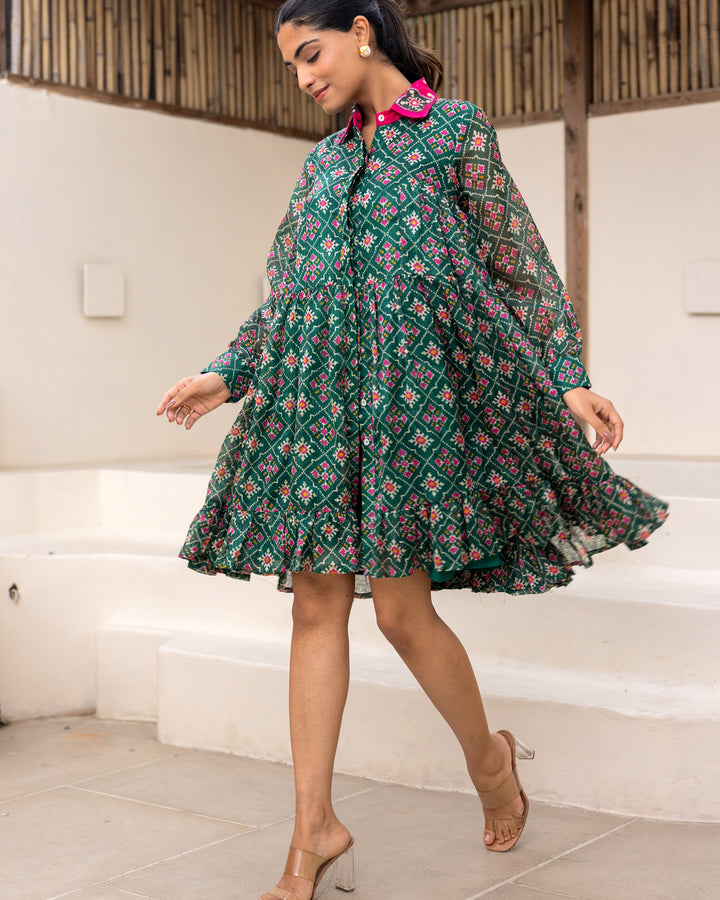 Green Bandhani Shirt Dress