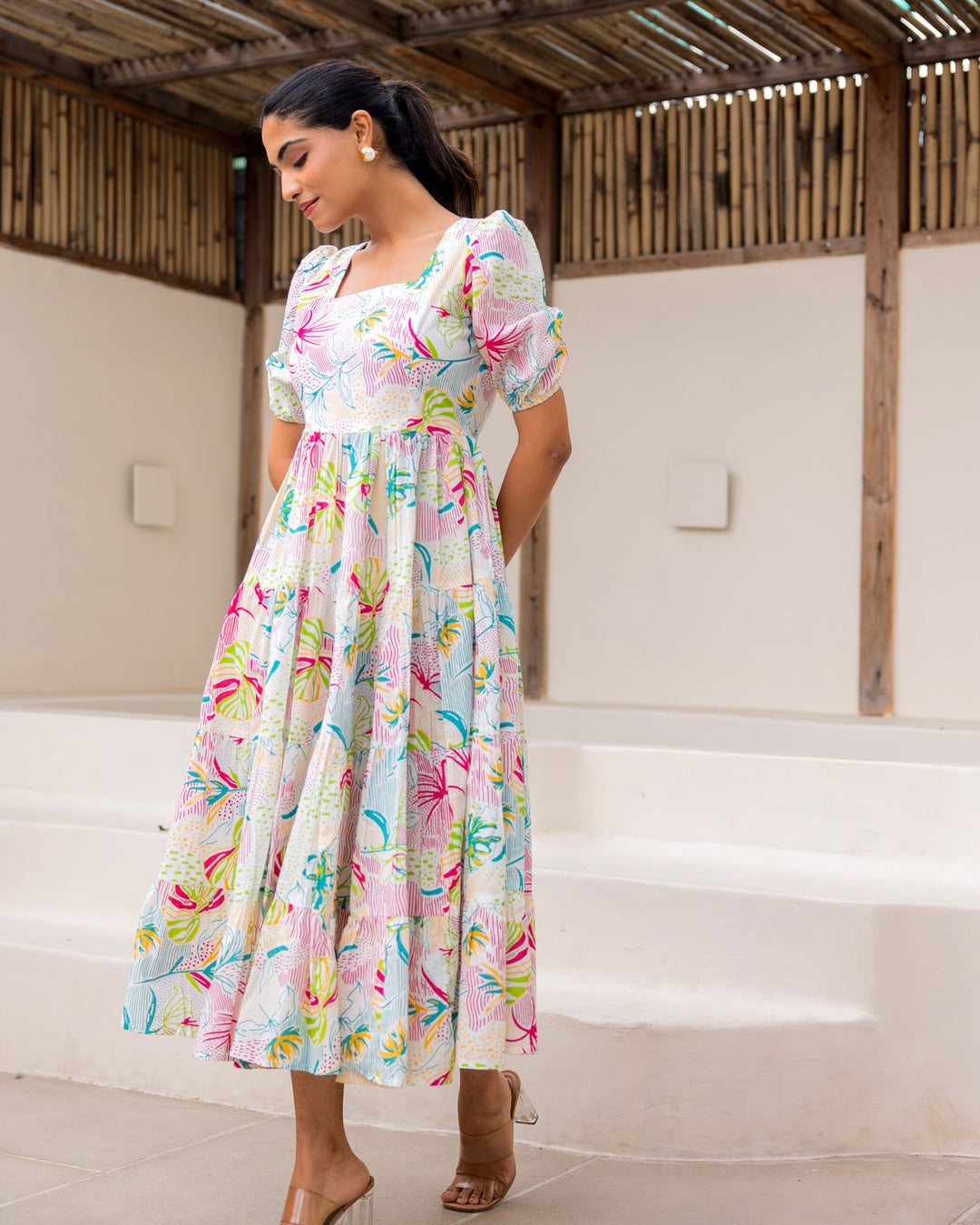 Multi Floral White Tiered Dress