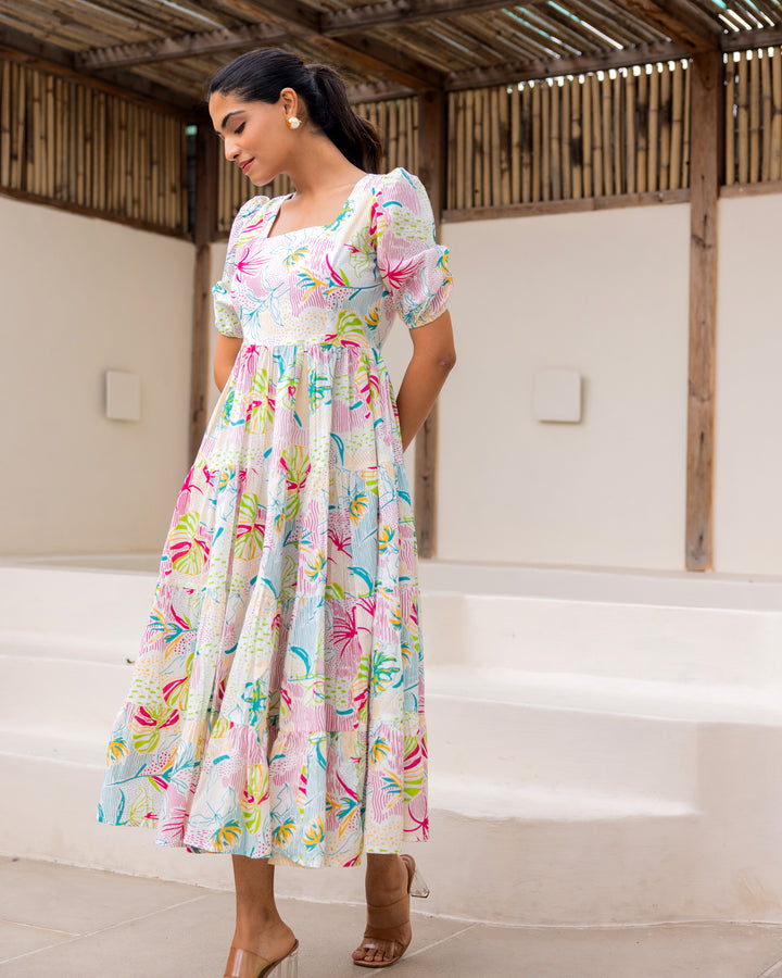 Multi Floral White Tiered Dress