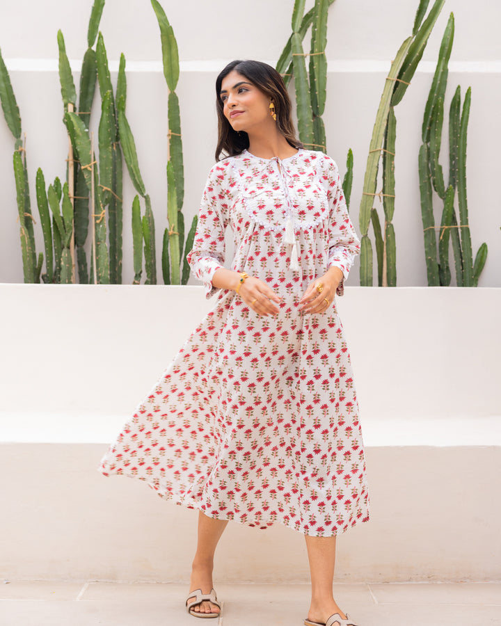 Red Handblock Printed Dress