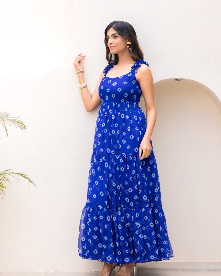Blue Bandhani Ruffle Dress