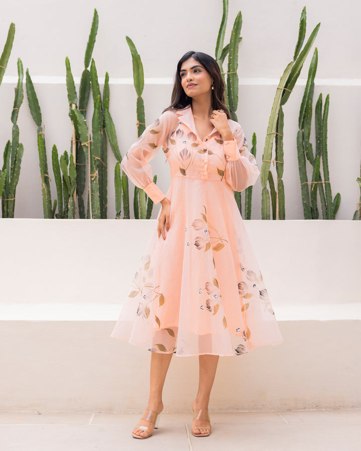 Peach Organza Floral Dress
