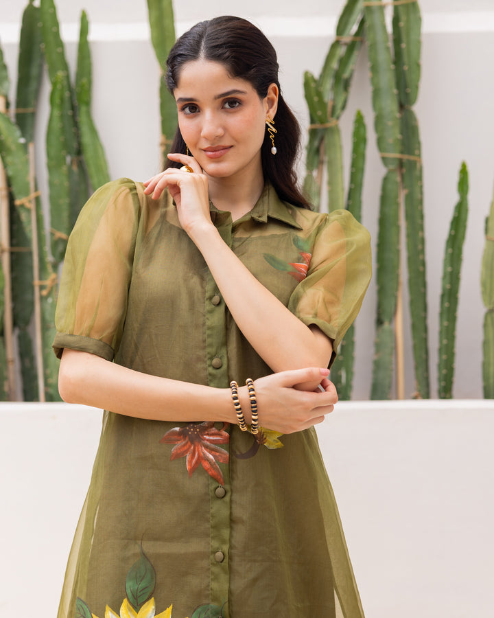 Green Organza Shirt Dress