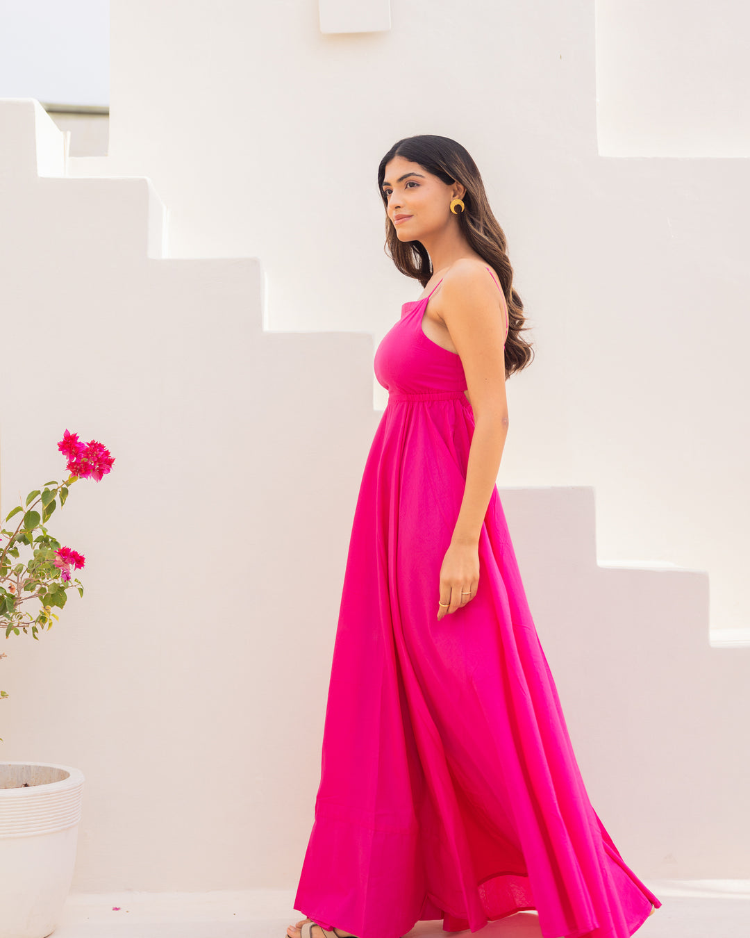 Solid Pink Cotton Maxi Dress