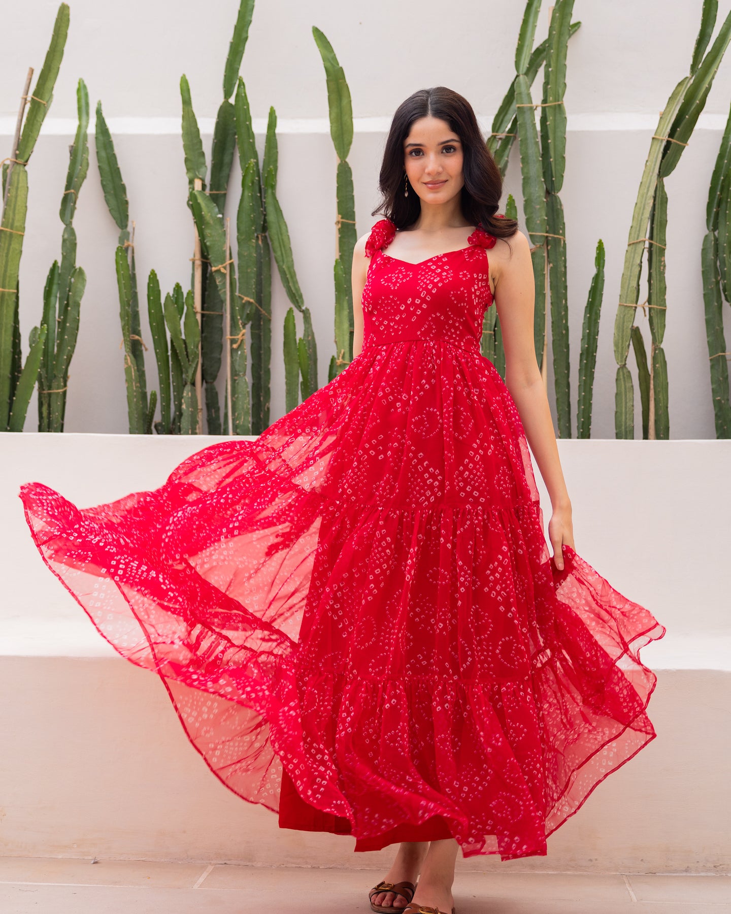 chinese dress ladies Bandhani Printed V-Neck Anarkali Ethnic Maxi Dress with Dupatta L main image 1
