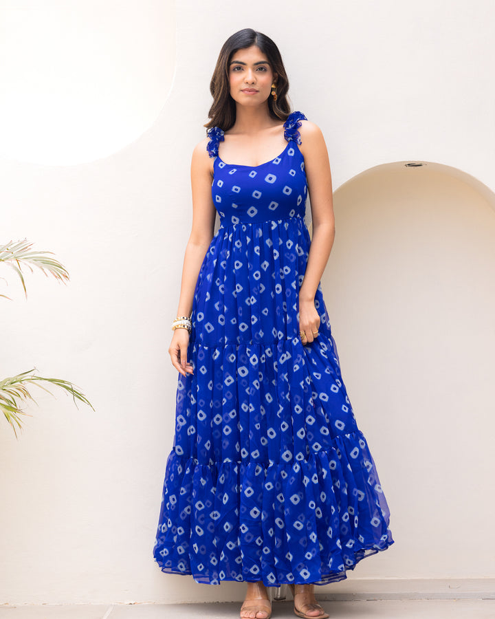 Blue Bandhani Ruffle Dress