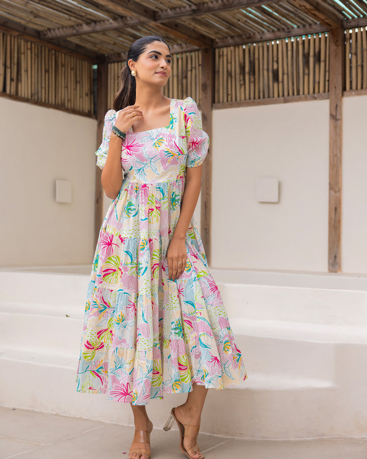 Multi Floral White Tiered Dress