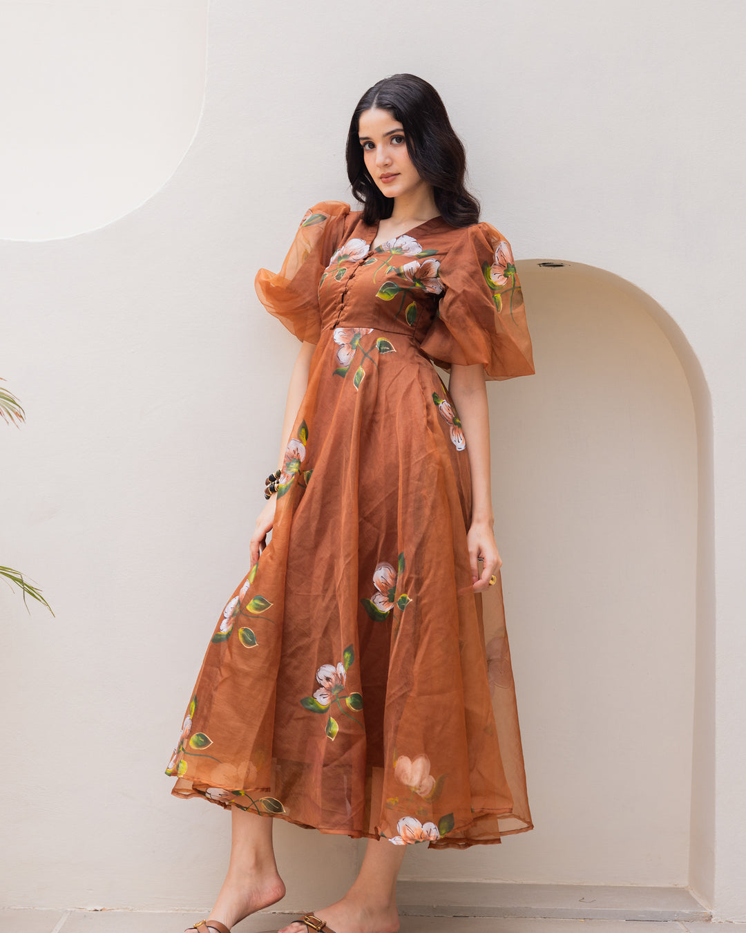 Brown Organza Floral Dress