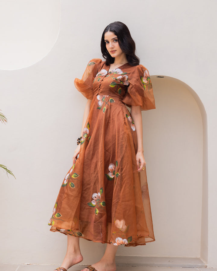Brown Organza Floral Dress