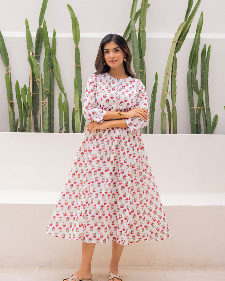 Red Handblock Printed Dress