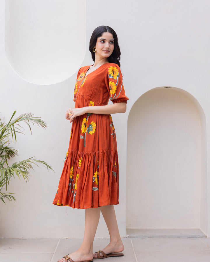 Brown Floral Kota Dress