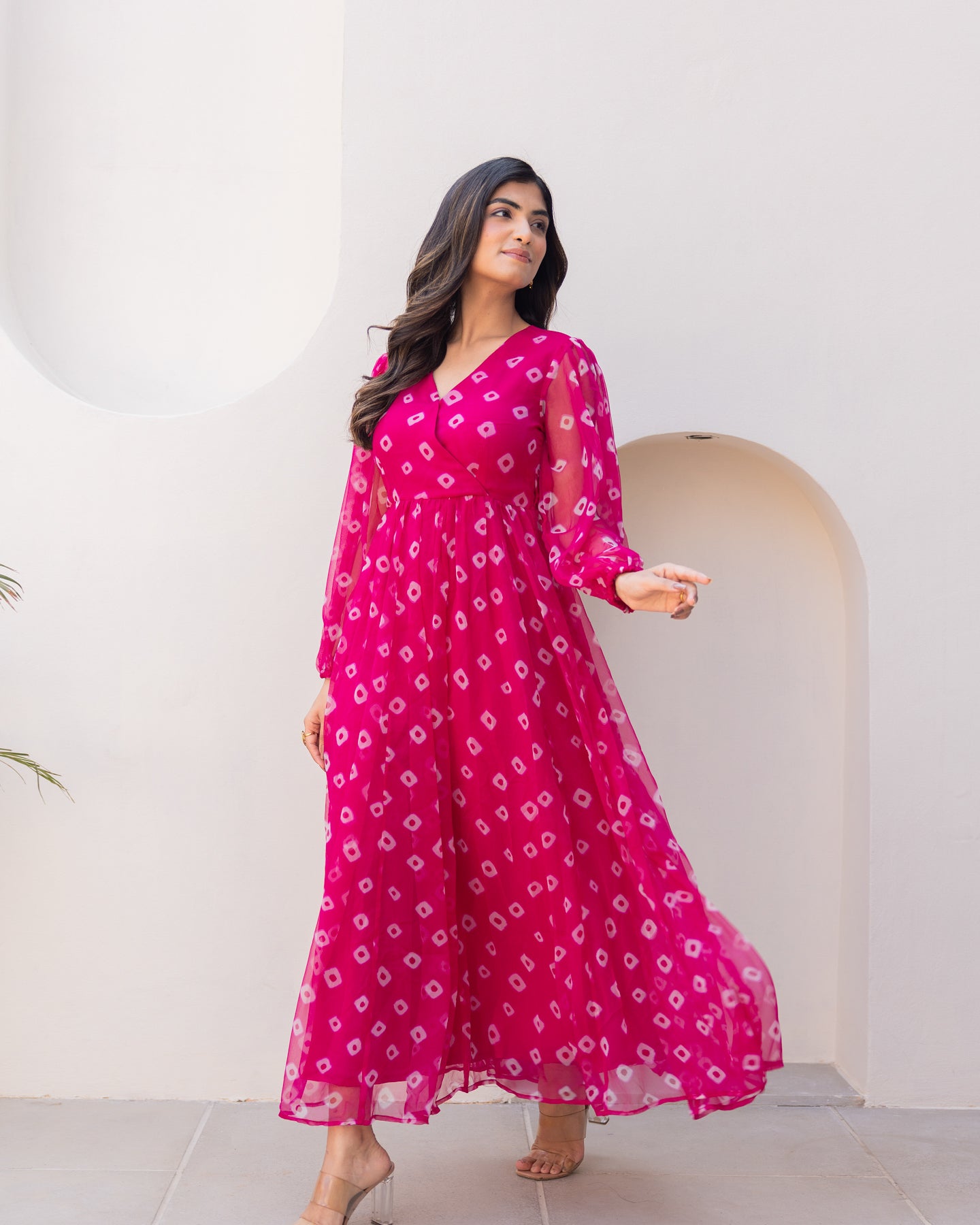 pink bandhani dress Pink Pearl Work Bandhani Angrakha Anarkali