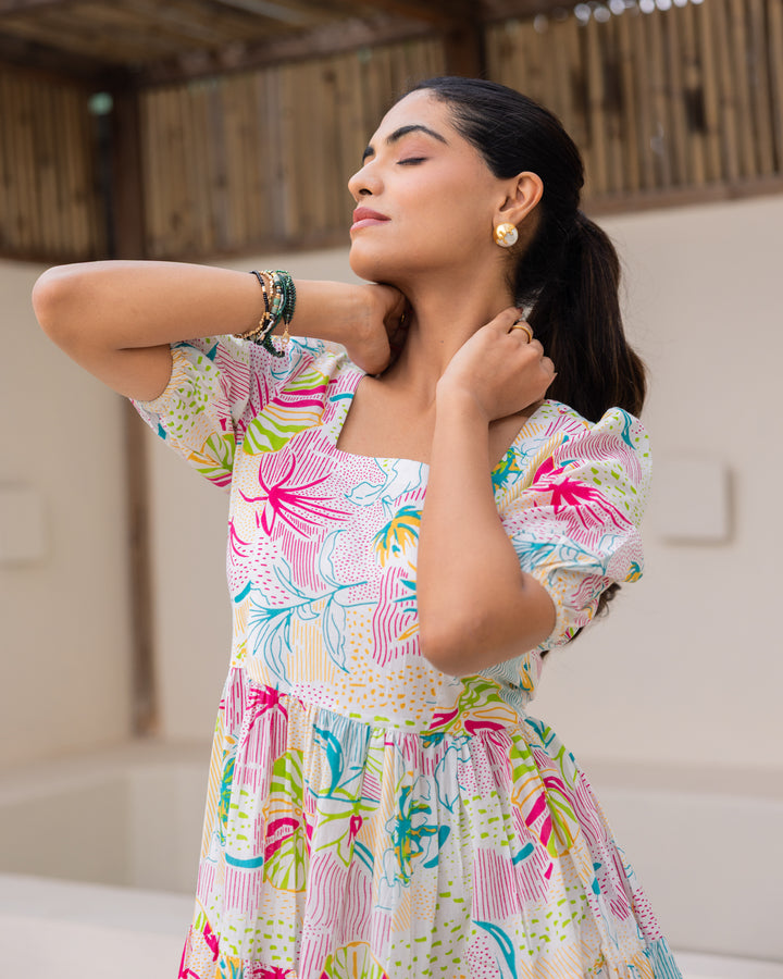 Multi Floral White Tiered Dress